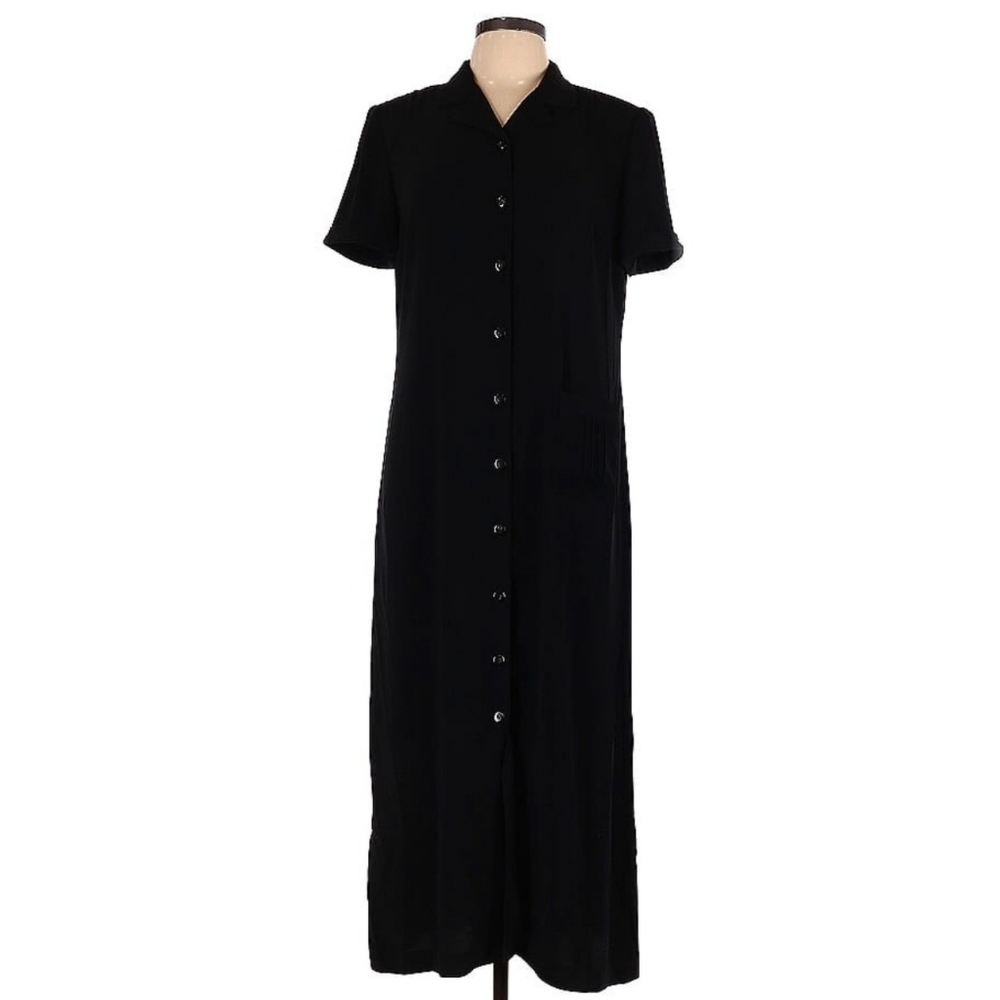 Talbots Black Maxi Button Down Dress Black Vintage Shoulder Pads Short Sleeve